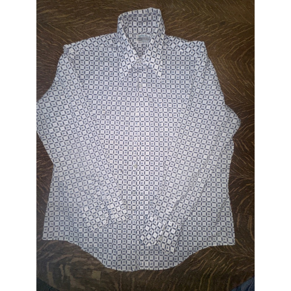 Vintage 70s Kmart Permanent Press Dagger Collar Shirt Blue Rosebud Grid Print L